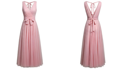 Pink pleated evening gown with lace back and front view