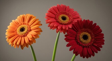 Three vibrant gerbera daisies against neutral backdrop