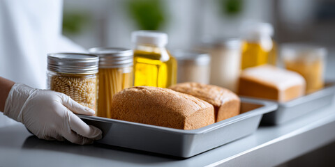 Fototapeta premium Close-up of gloved hand holding tray with freshly baked bread loaves and jars of pasta and oil in a modern kitchen setting