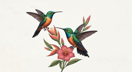 Two vibrant hummingbirds with tropical flowers