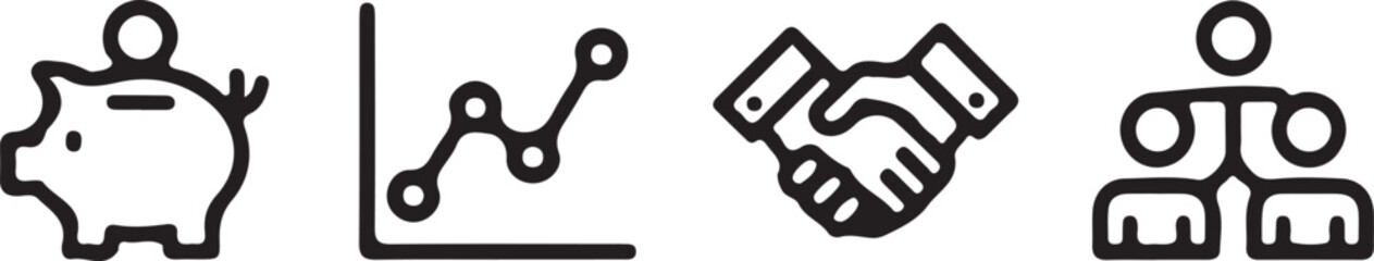 Fototapeta premium A collection of simple outline graphics displays various stages of business development including people collaborating, mechanical processes, and idea implementation.