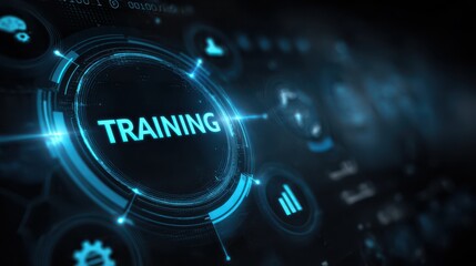 Illuminated training text within a futuristic glowing digital circuit interface