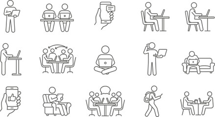 Fototapeta premium Remote work lifestyle icon set illustrating people working with laptops smartphones online meetings teamwork collaboration and flexible modern working habits