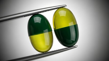 Two green and yellow capsules held by tweezers isolated on white background