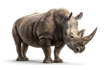 Obraz premium Rhino stands in a studio setting showcasing its large body and horn during daytime