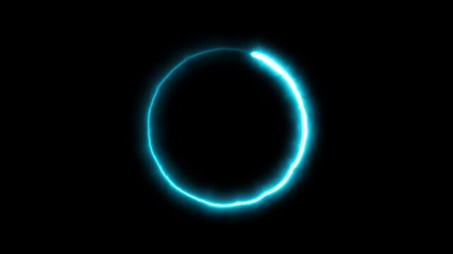 Futuristic blue neon energy ring animation on black background featuring a glowing sci-fi HUD portal effect for gaming intros and high tech digital presentations.
