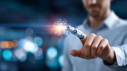 Human–robot collaboration concept showing abstract interaction, innovation and future technology, faceless, defocused composition, with copy space