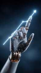 Robotic hand pointing towards a glowing upward trending line graph