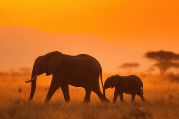 Elephants walking in the grass with a sunset in the background in a natural setting