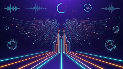 Neon lit cosmic portal with celestial symbols and winged patterns