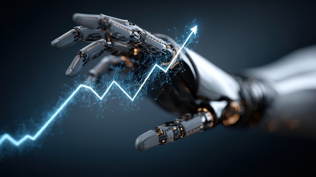 Artificial intelligence growth a robotic hand reaching for rising data trends