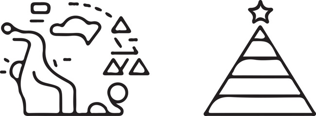 Fototapeta premium Abstract line art icons depict complex achievement paths and simple hierarchical pyramid goals for business planning concepts.
