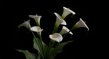 White calla lily bouquet on a black background