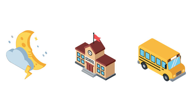 Cartoon moon, school building, and yellow school bus isometric icons