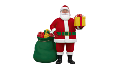 Santa Claus Holding a Gift Next to a Bag of Presents