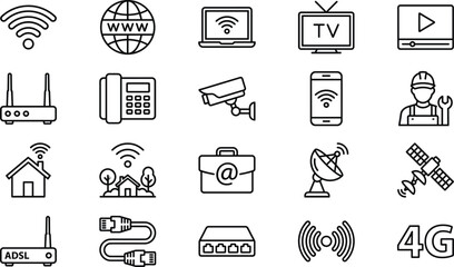Wireless internet and communication technology icon set featuring wifi devices networking security media streaming satellites and smart connectivity solutions