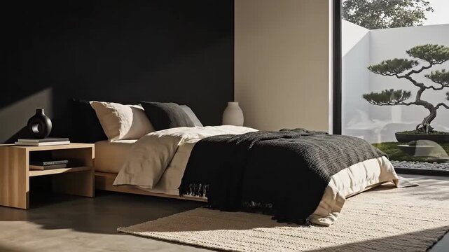 Serene Bedroom Retreat With Minimalist Decor And Bonsai Tree View For Relaxing Sleep