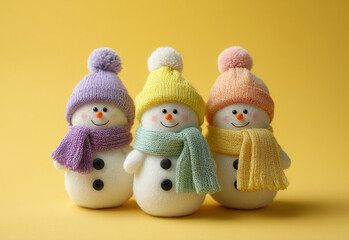 Snowmen in colorful hats and scarves stand on a yellow background ready for winter fun in the holiday season