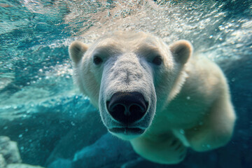 Polar bear swimming underwater in an aquarium during the daytime exploring its habitat