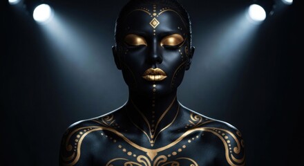 Woman in black & gold paint under two spotlights