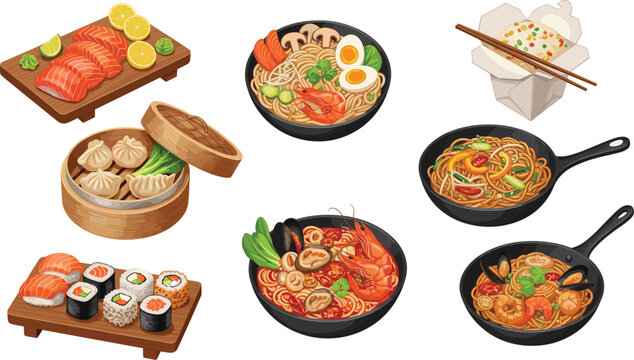 Assorted Asian Cuisine Vector Set Featuring Sushi Rolls Salmon Sashimi Dim Sum Ramen Noodles Stir Fry and Seafood Soup for Japanese and Chinese Restaurant Menus