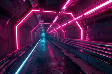 Fototapeta premium Wet floor reflecting pink and blue neon lights in futuristic tunnel