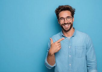 Man with glasses smiles and points at himself against a blue background during a casual moment