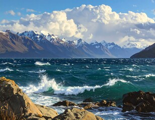 A vibrant seascape of a choppy ocean, rocky shoreline, and majestic snow-capped mountains under a bright, cloudy sky