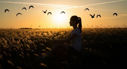 Woman's silhouette in a field with birds at sunset