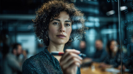 Woman writes on glass board in an office setting during a meeting with colleagues in the background discussing ideas and projects