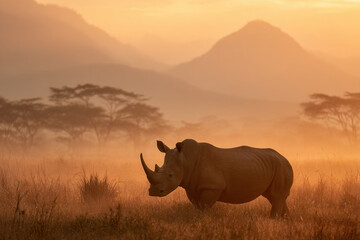 Rhinoceros walking through grassland at sunset in a mountainous region of Africa