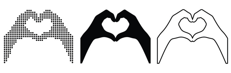 Fototapeta premium Hands forming a heart gesture in three distinct graphic styles depicting love and affection