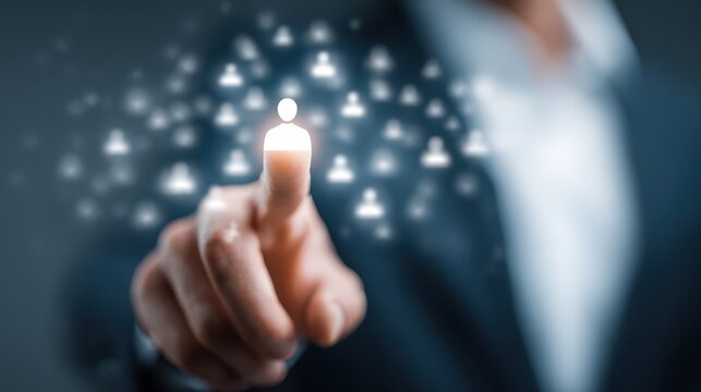 A hand selecting a glowing person icon from a network of silhouettes - Powered by Adobe