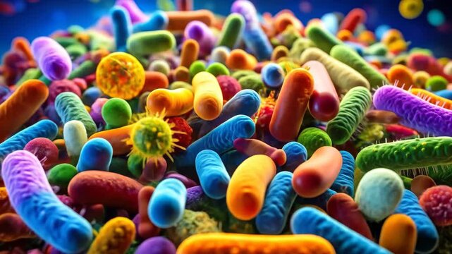 A vibrant microscopic world featuring diverse bacteria and microorganisms in vivid colors.
