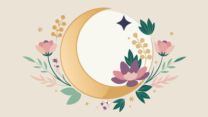 Elegant vector frame made of crescent moon and blooming flowers, soft pastel colors, gold accents, space for text.