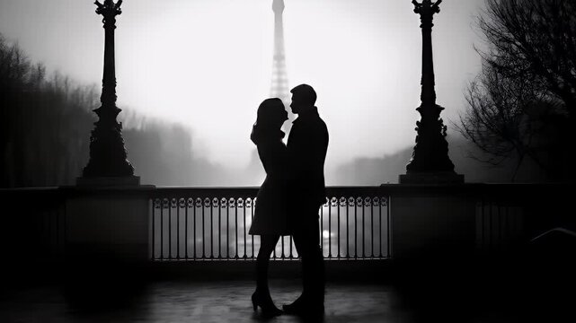Paris, France, Europe. A silhouette of a couple standing on a bridge with the Eiffel Tower in the background. The scene is captured in a monochromatic color scheme.