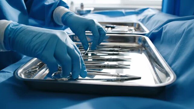 Detailed Preparation of Surgical Instruments on a Sterile Table for a Medical Procedure, Showcasing Precision and Cleanliness in the Operating Room Environment