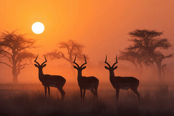 Three antelope stand in tall grass at sunset with the sun setting behind silhouettes of trees in the background