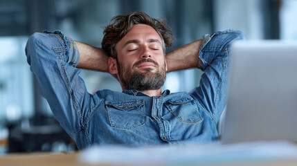 Man relaxing in a modern office during break time while working on a computer at a desk in a busy workspace