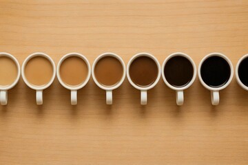 A row of coffee cups showing a spectrum of colors from light to dark