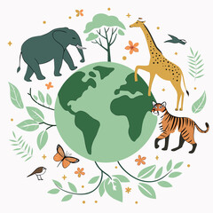 Obraz premium World Wildlife Day vector illustration showing diverse animals around a green globe, symbolising biodiversity and conservation