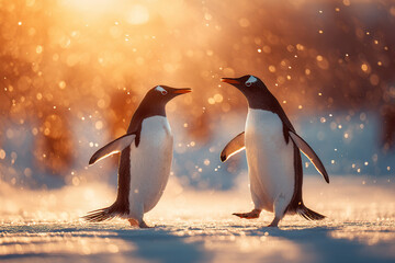 Penguins interact in the snow during sunset in Antarctica while sunlight sparkles around them