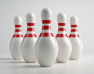 Five white bowling pins with red stripes arranged on a plain background ready for a bowling game