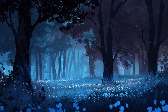 Magical blue forest glowing at night with fireflies lighting up the meadow