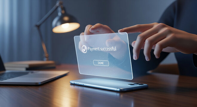 Seamlessly completing a transaction with a futuristic holographic payment confirmation. - Powered by Adobe