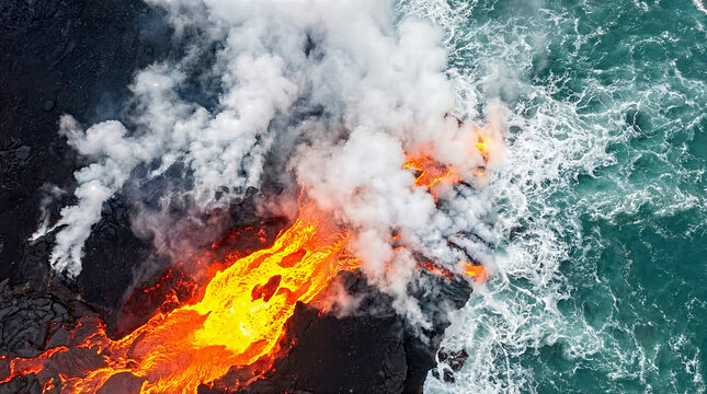 Aerial Lava Flow Entering Ocean with Steam Plume