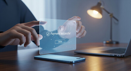 Person completing a secure digital payment transaction using a futuristic holographic interface.