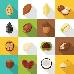 Nut and seed flat vector icon set featuring almonds, walnuts, pistachios, hazelnuts, coconut, and healthy snack ingredients