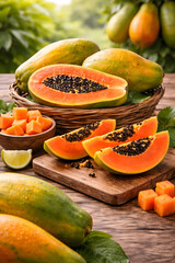 fresh pawpaw on wooden table