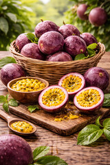 fresh passion fruit on wooden table